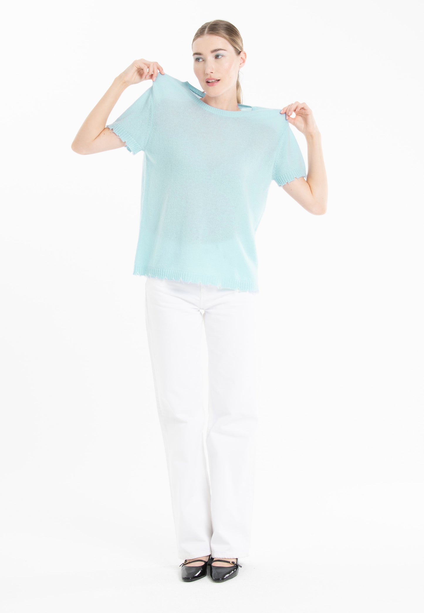 Women's turquoise cashmere crew neck T-shirt - AVA 6