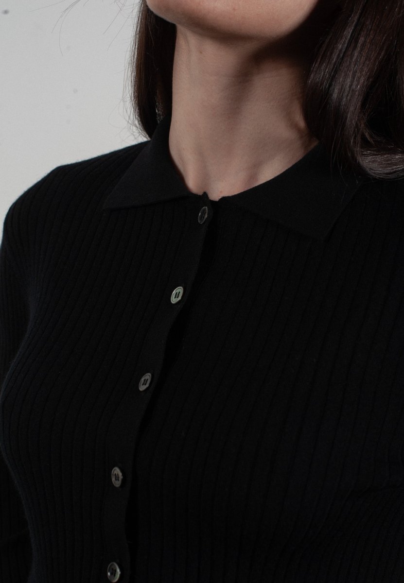Chemise col polo manches longues en cachemire et laine ultrafin noir - FRIDA 4 - Studio cashmere8