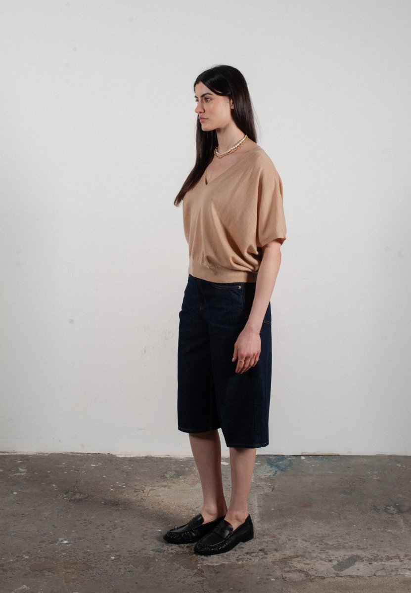 Pull col V à manches chauve souris femme en cachemire & laine ultrafin beige - KELLY 6