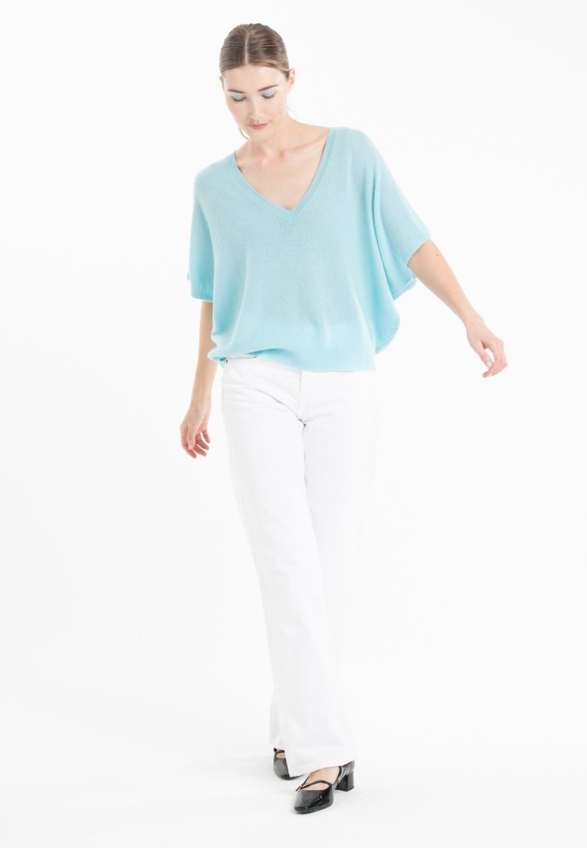 Pull col V cachemire turquoise femme - RIA 25 - Studio cashmere8