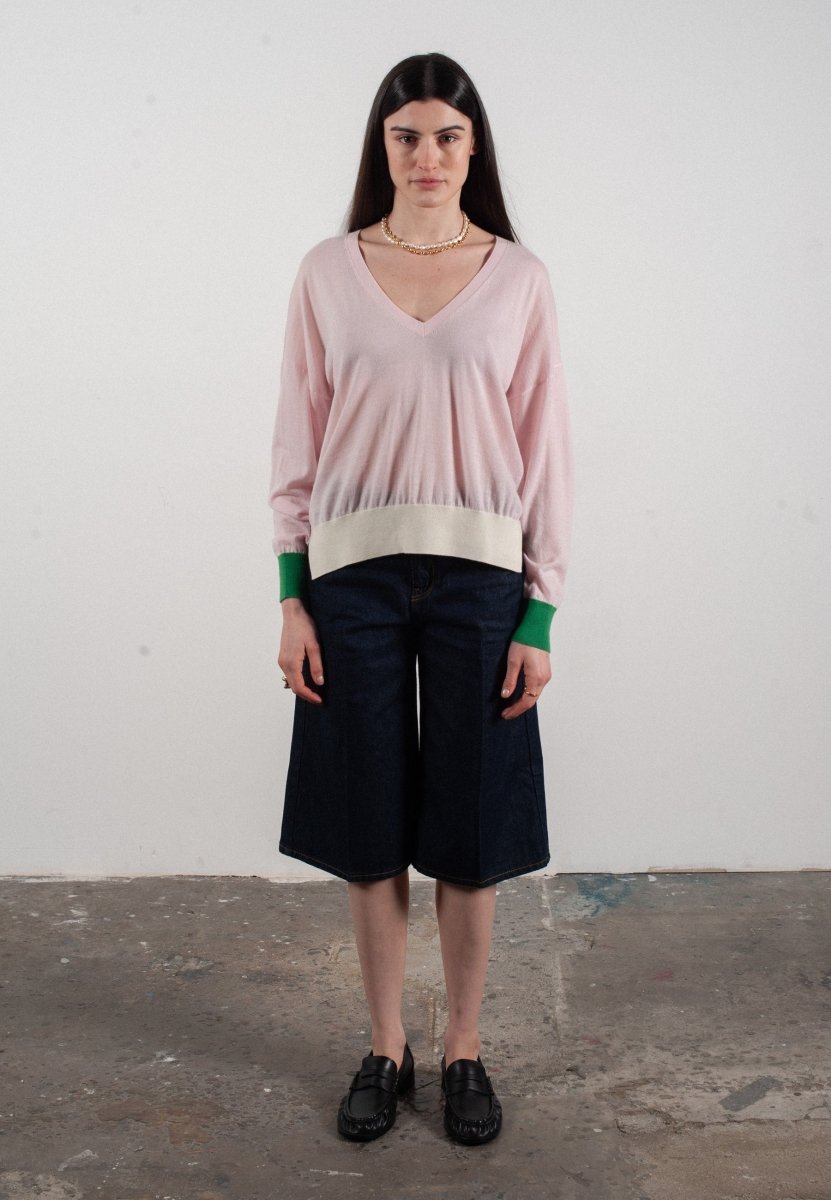 Pull col V femme en cachemire & laine ultrafin lavande & vert & blanc - KELLY 10 - Studio cashmere8