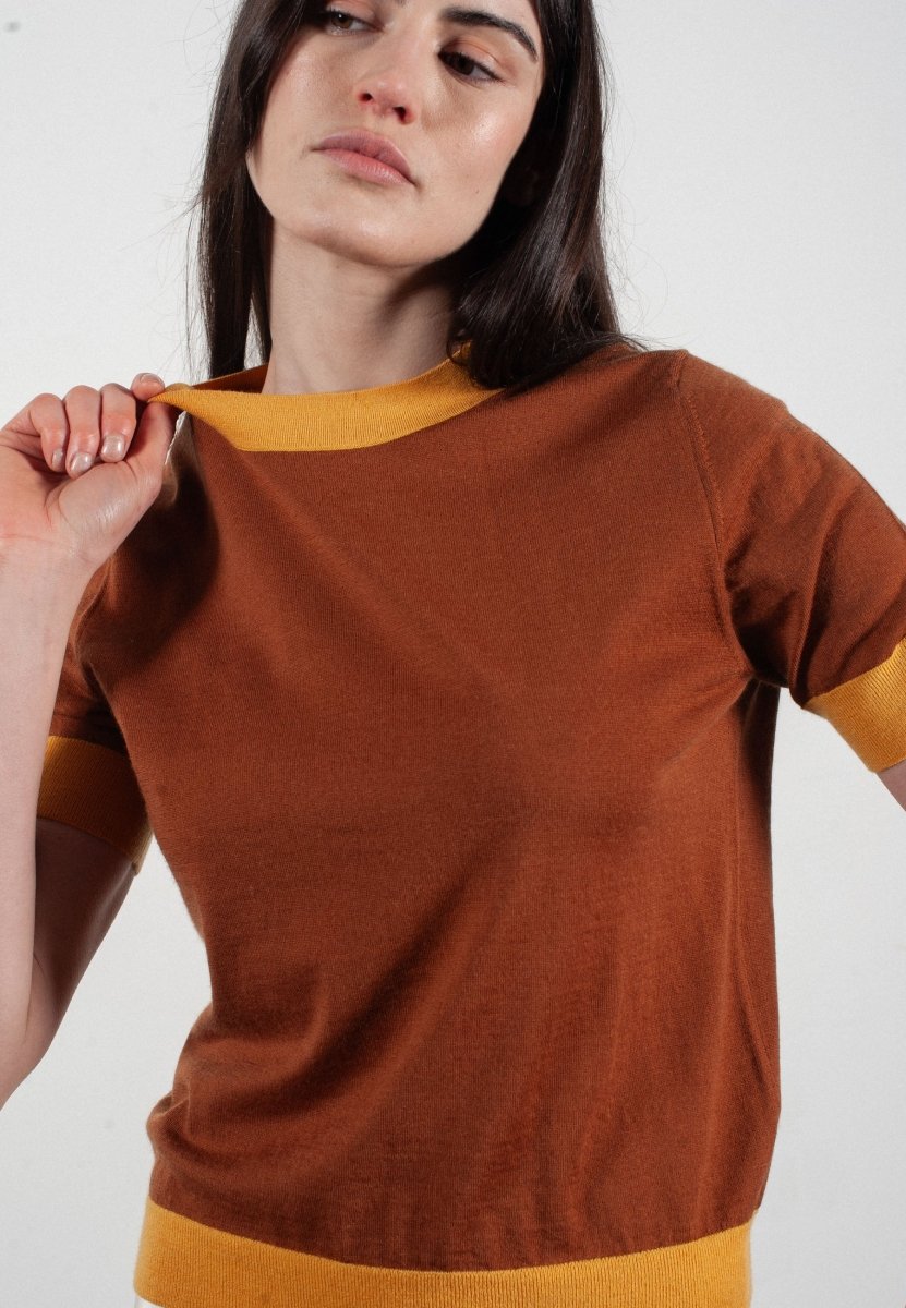 T-shirt col rond manches courtes femme en cachemire et laine ultrafin marron clair & jaune - FRIDA 12