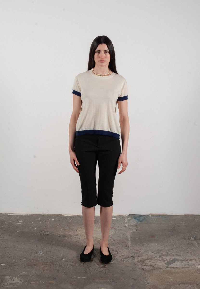 T shirt col rond manches courtes femme en cachemire & laine ultrafin blanc & bleu marine - KELLY 1 - Studio cashmere8