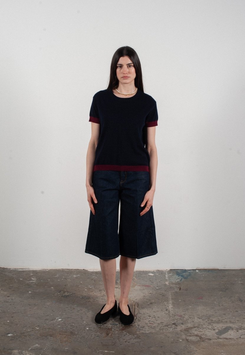 T shirt col rond manches courtes femme en cachemire & laine ultrafin bleu marine & rouge bordeaux - KELLY 1 - Studio cashmere8