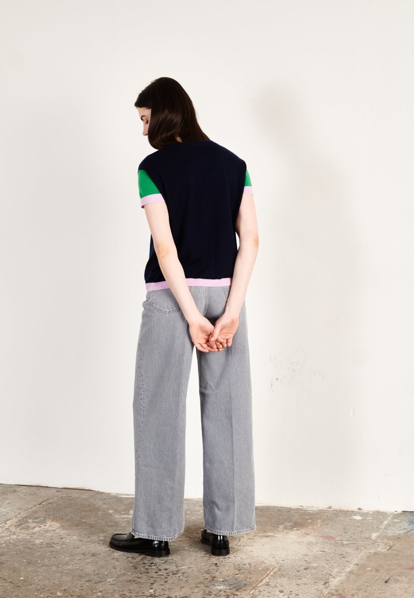 T-shirt col rond tricolore ultrafin cachemire et laine marine/vert/lavande femme - KELLY 7 - Studio cashmere8