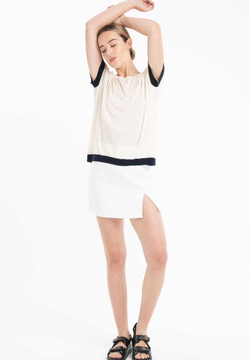 T-shirt col rond ultrafin cachemire et laine blanc/bleu marine femme - KELLY 1 - Studio cashmere8