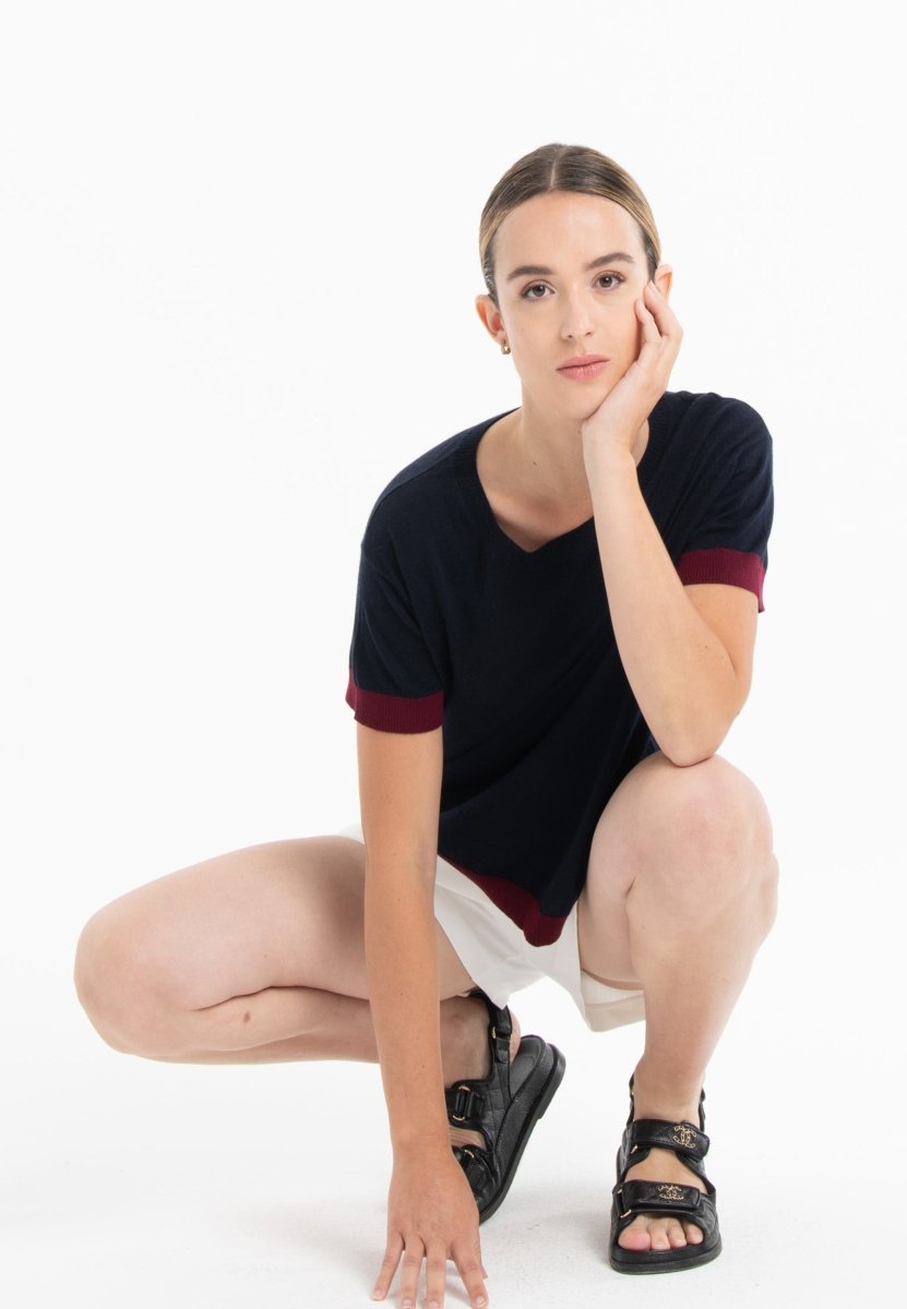 T-shirt col rond ultrafin cachemire et laine bleu marine/rouge bordeaux femme - KELLY 1 - Studio cashmere8