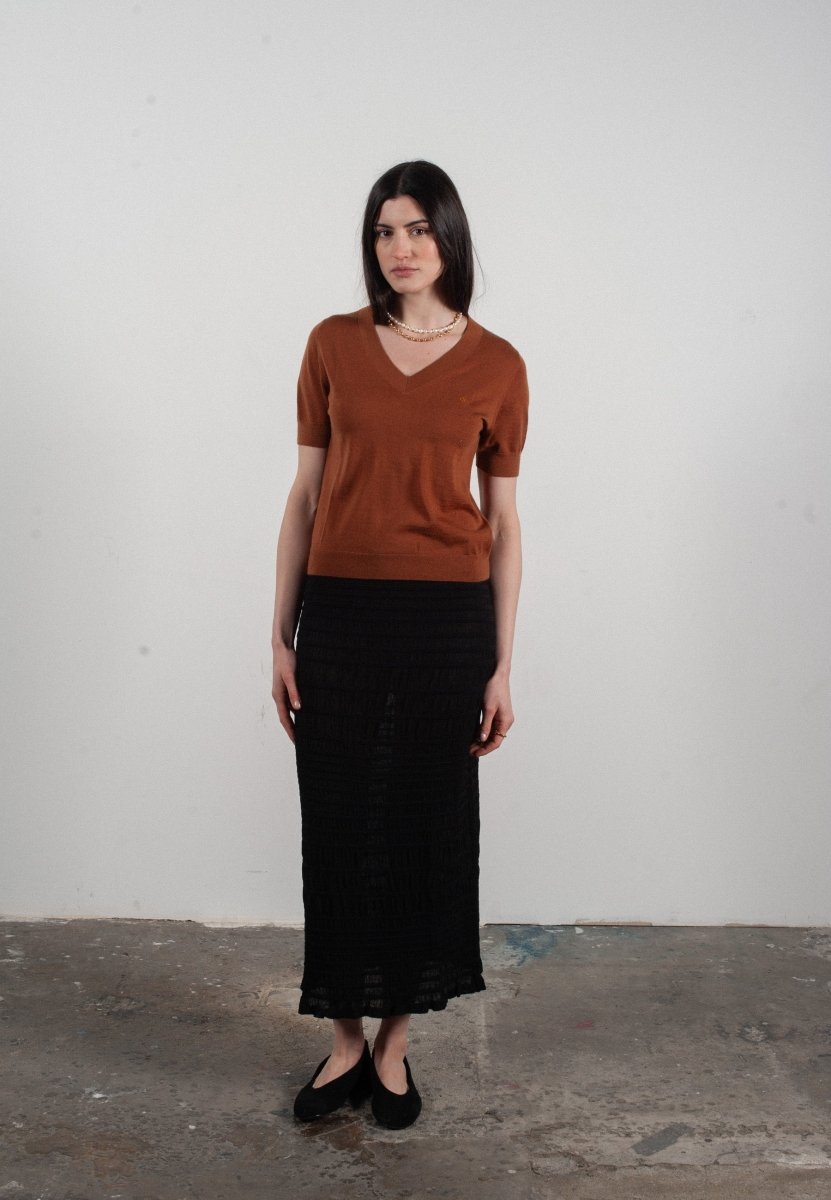 T-shirt col V manches courtes femme en cachemire et laine ultrafin marron clair - FRIDA 10