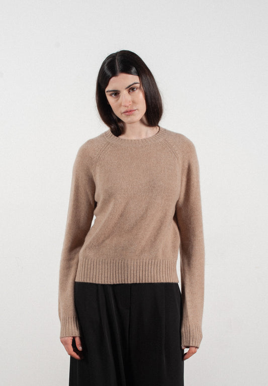 Pull femme col rond en cachemire manches raglan 4 fils camel - MILA 3