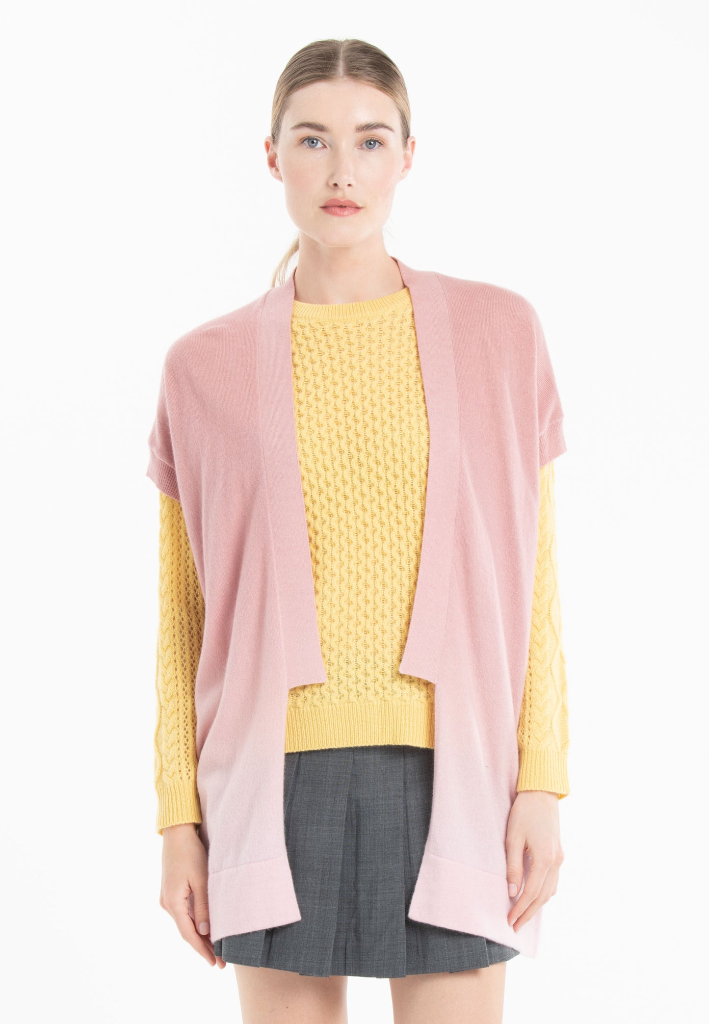 Women's baby pink/nude pink cashmere short-sleeved cardigan - AVA 11B