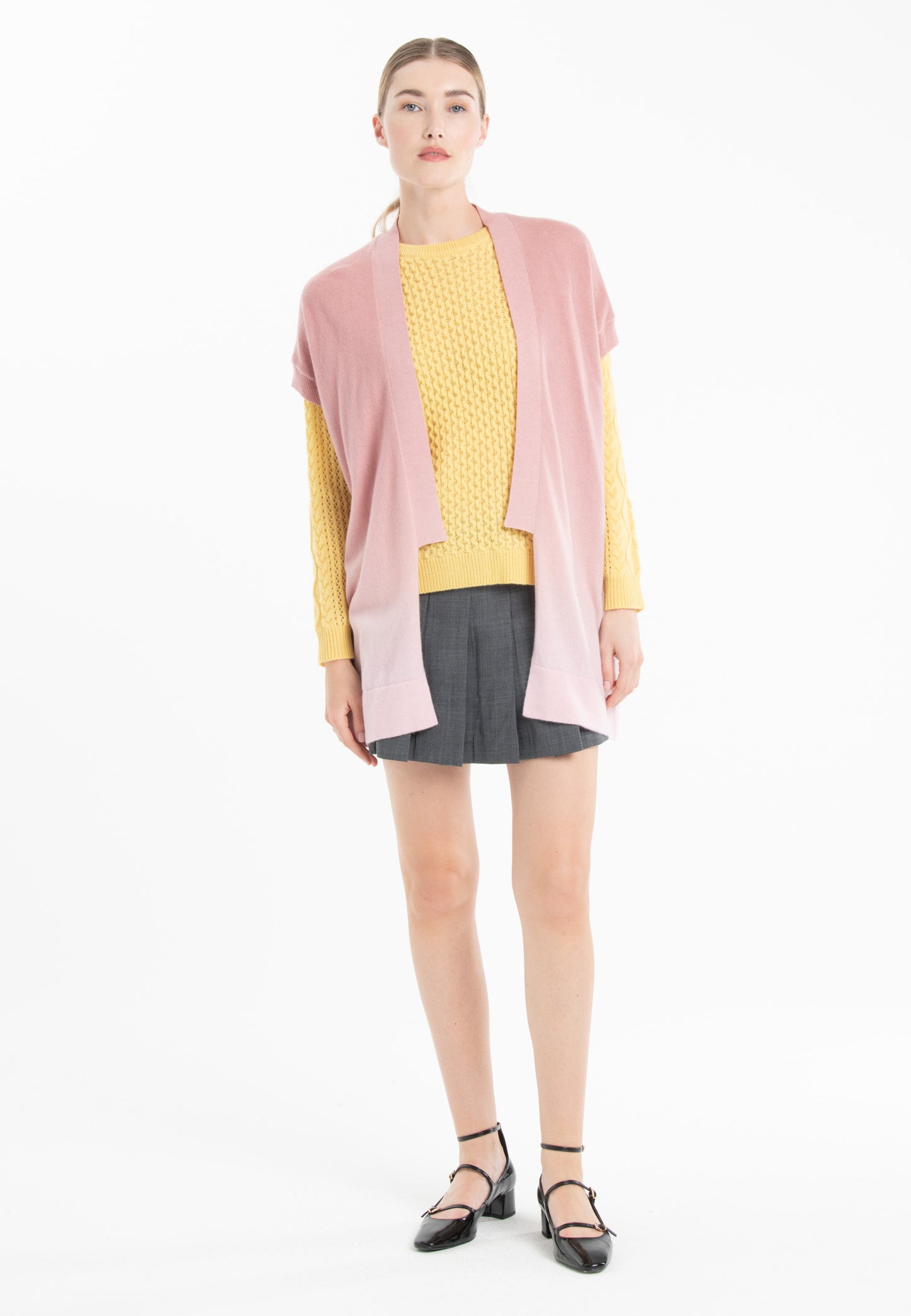 Women's baby pink/nude pink cashmere short-sleeved cardigan - AVA 11B