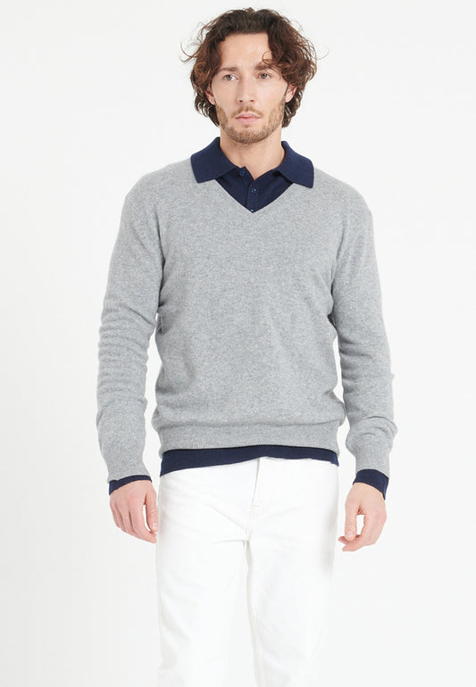 Pull col V homme en cachemire gris clair - LUKE 1