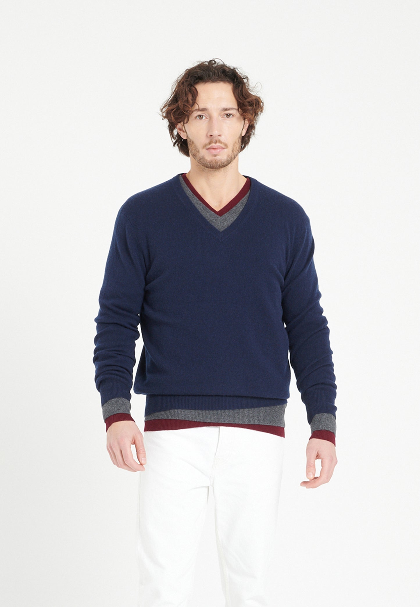 Marineblauer Herren-Kaschmirpullover mit V-Ausschnitt - LUKE 1