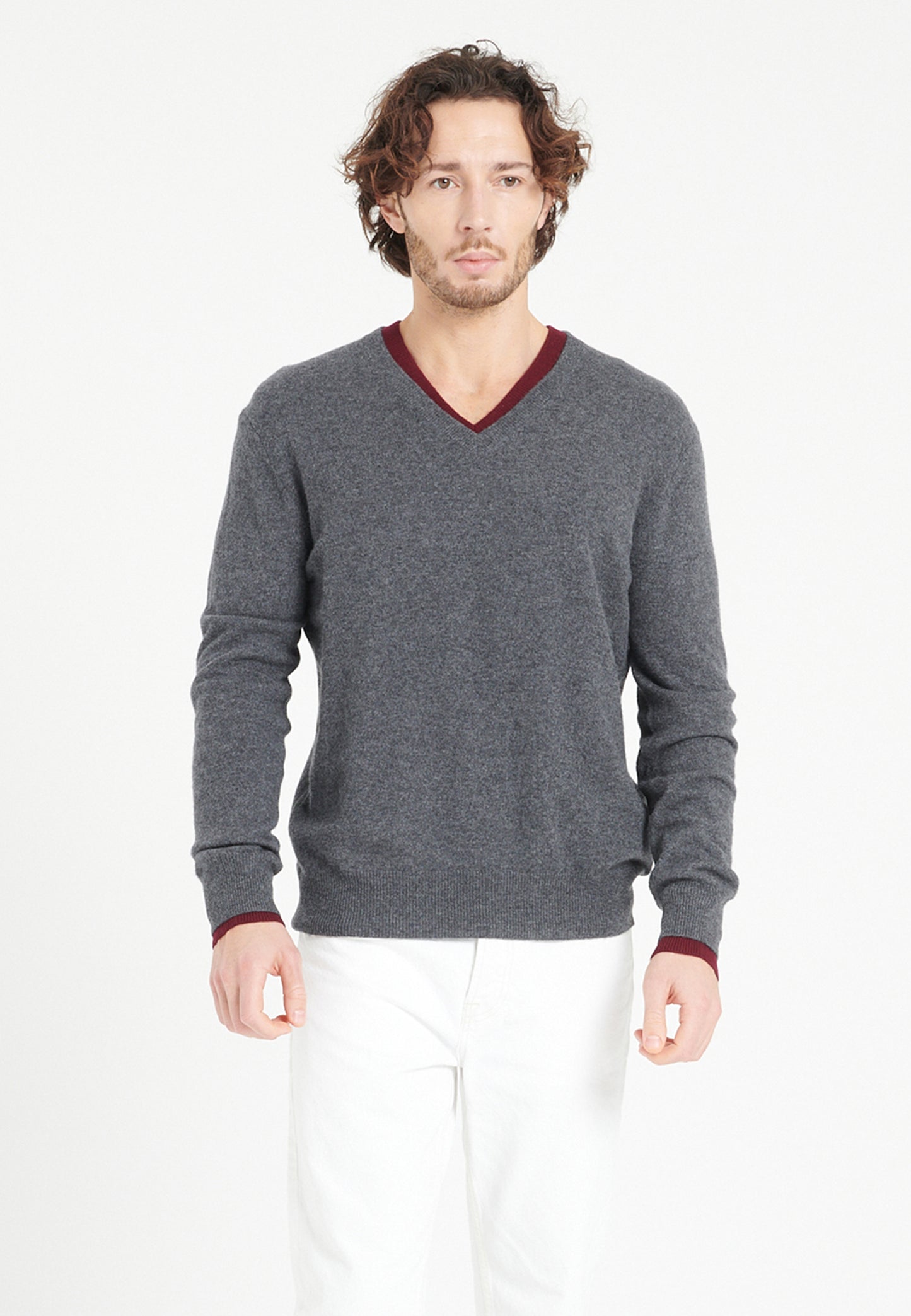 Pull col V homme en cachemire gris anthracite - LUKE 1