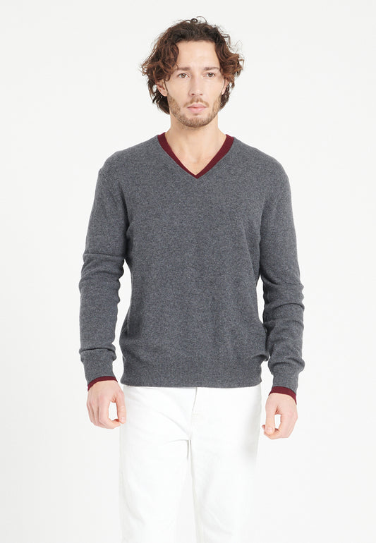 Pull col V homme en cachemire gris anthracite - LUKE 1
