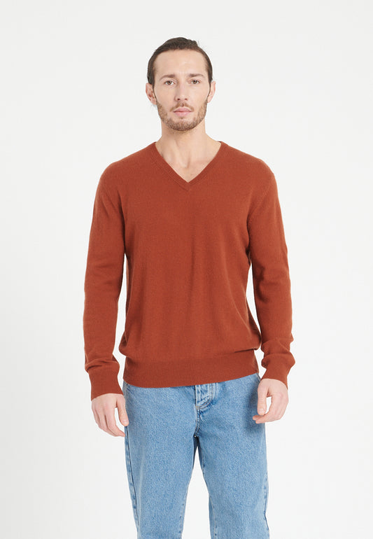 Pull col V homme en cachemire terracotta - LUKE 1