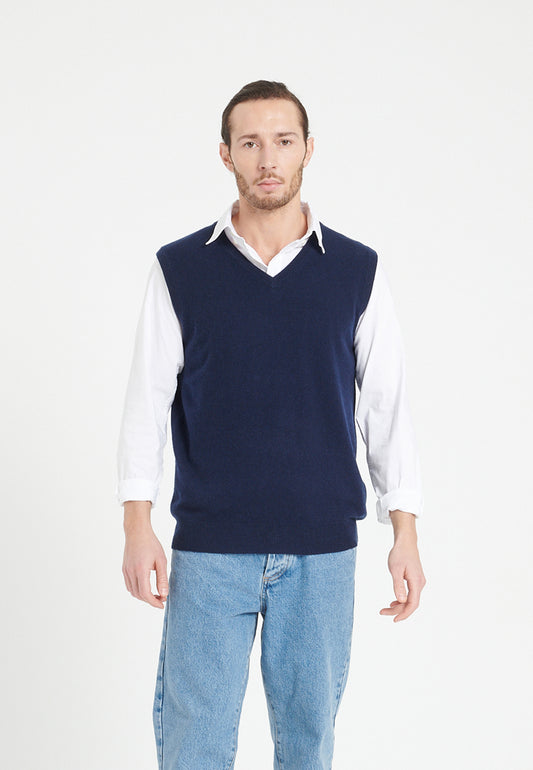 Gilet col V sans manches homme en cachemire bleu marine  - LUKE 9