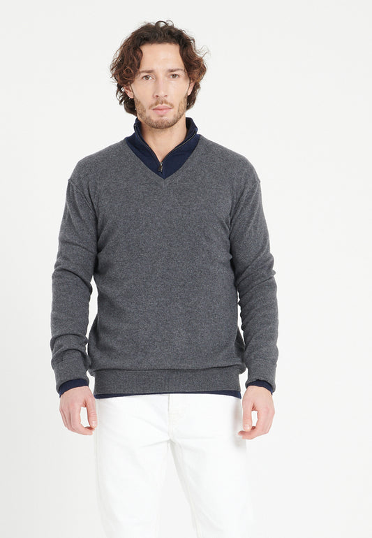Pull col V homme en cachemire gris anthracite - LUKE 11