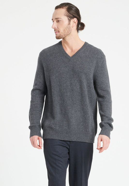 Pull col V homme en cachemire 4 fils gris anthracite - LUKE 13