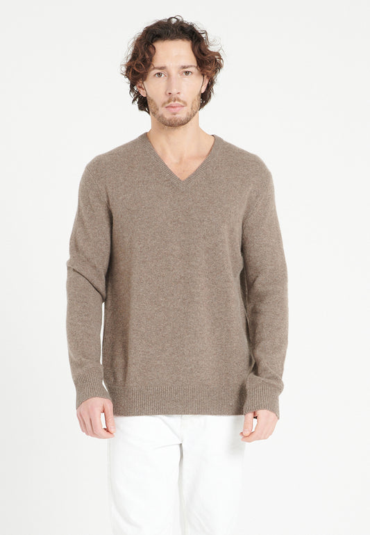 Pull col V homme en cachemire 4 fils taupe - LUKE 13