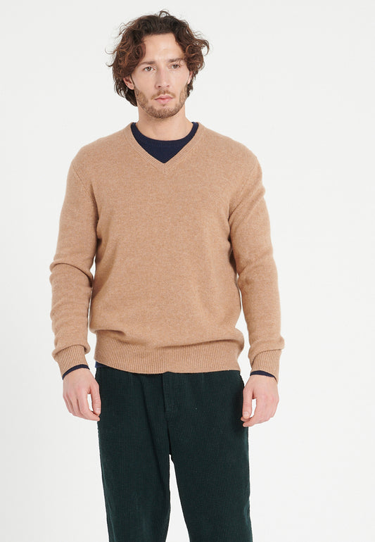 Pull col V homme en cachemire 4 fils camel - LUKE 13