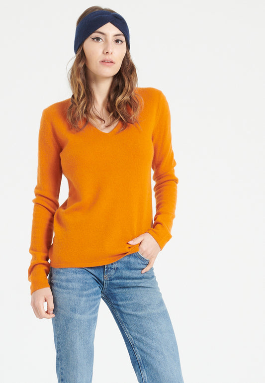 Women's pumpkin orange cashmere V-neck sweater - LILLY 2A