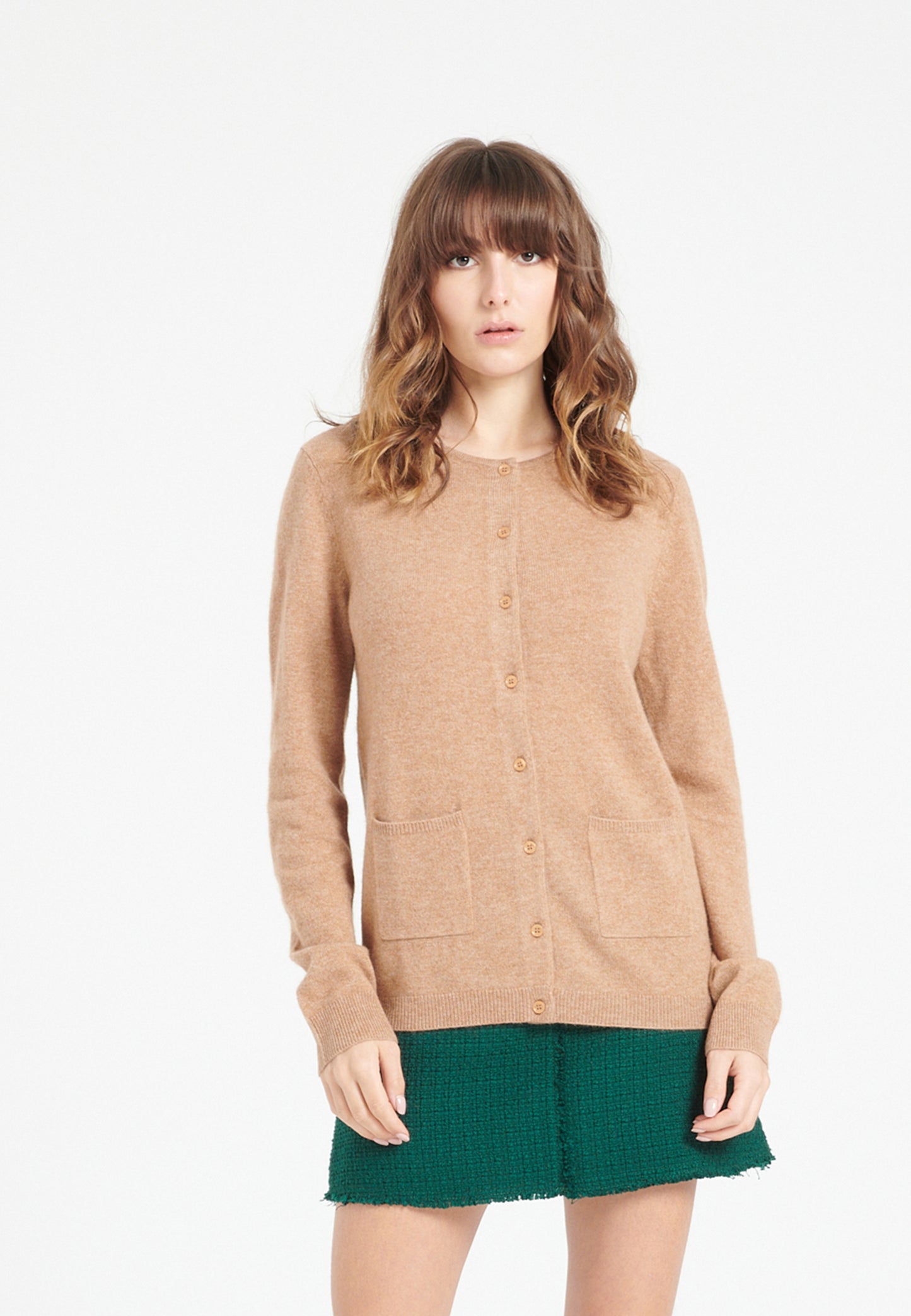 Women's camel cashmere round neck cardigan - LILLY 4A