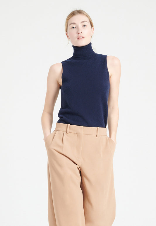 Pull col roulé sans manches femme en cachemire bleu marine - LILLY 13