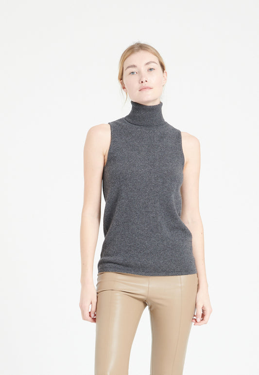 Pull col roulé sans manches femme en cachemire gris anthracite - LILLY 13