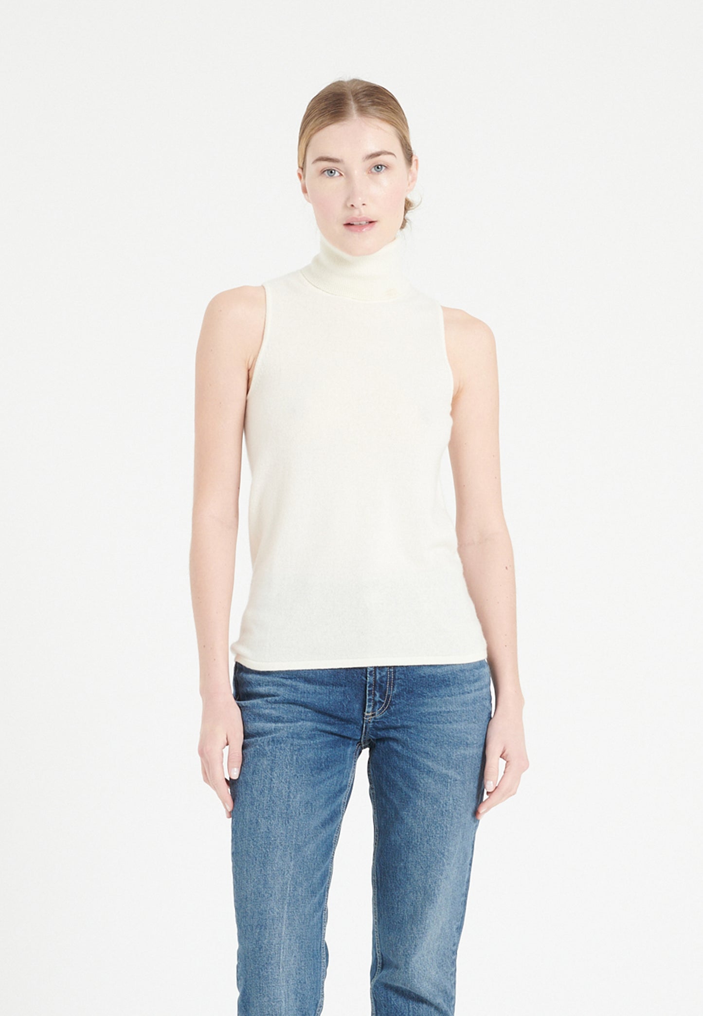 Pull col roulé sans manches femme en cachemire blanc écru - LILLY 13