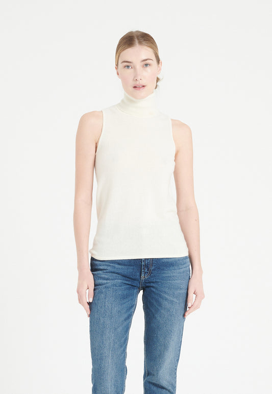 Pull col roulé sans manches femme en cachemire blanc écru - LILLY 13