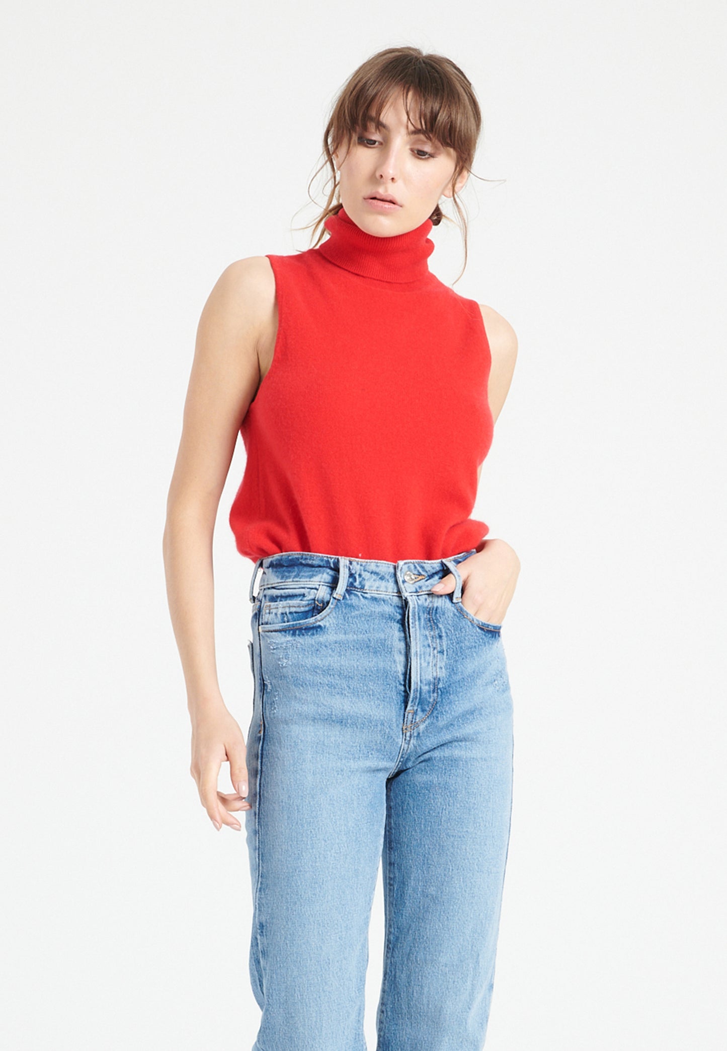 Women's Red Cashmere Sleeveless Turtleneck Sweater - LILLY 13