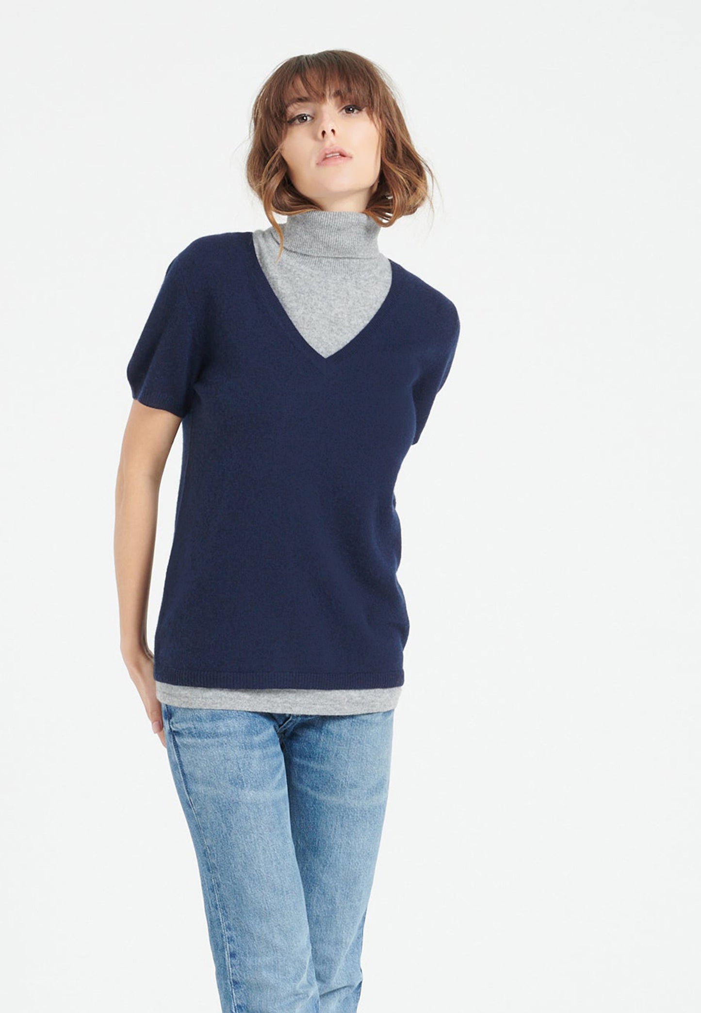 T-shirt col V femme en cachemire bleu marine - LILLY 14