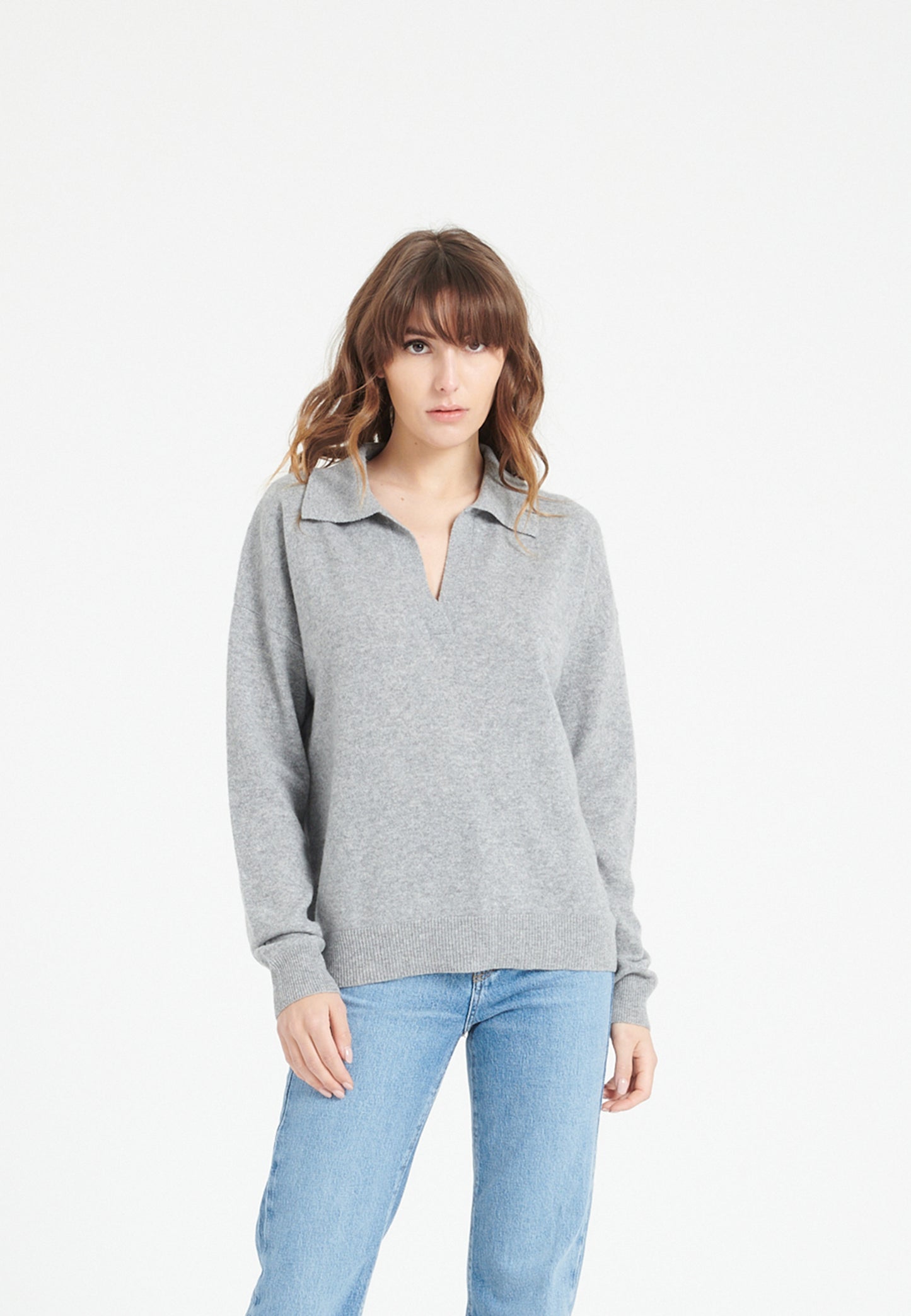 Women's light gray cashmere long-sleeved polo shirt - MIA 3