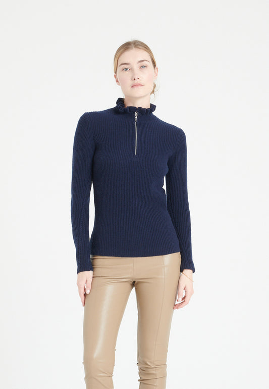 Women's navy blue cashmere zip-neck sweater - MIA 4