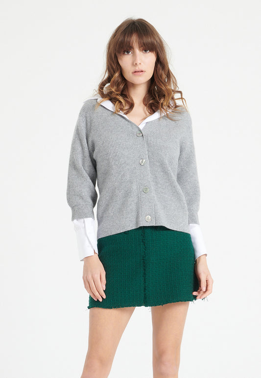 Cardigan col V manches courtes femme en cachemire gris clair - MIA 13