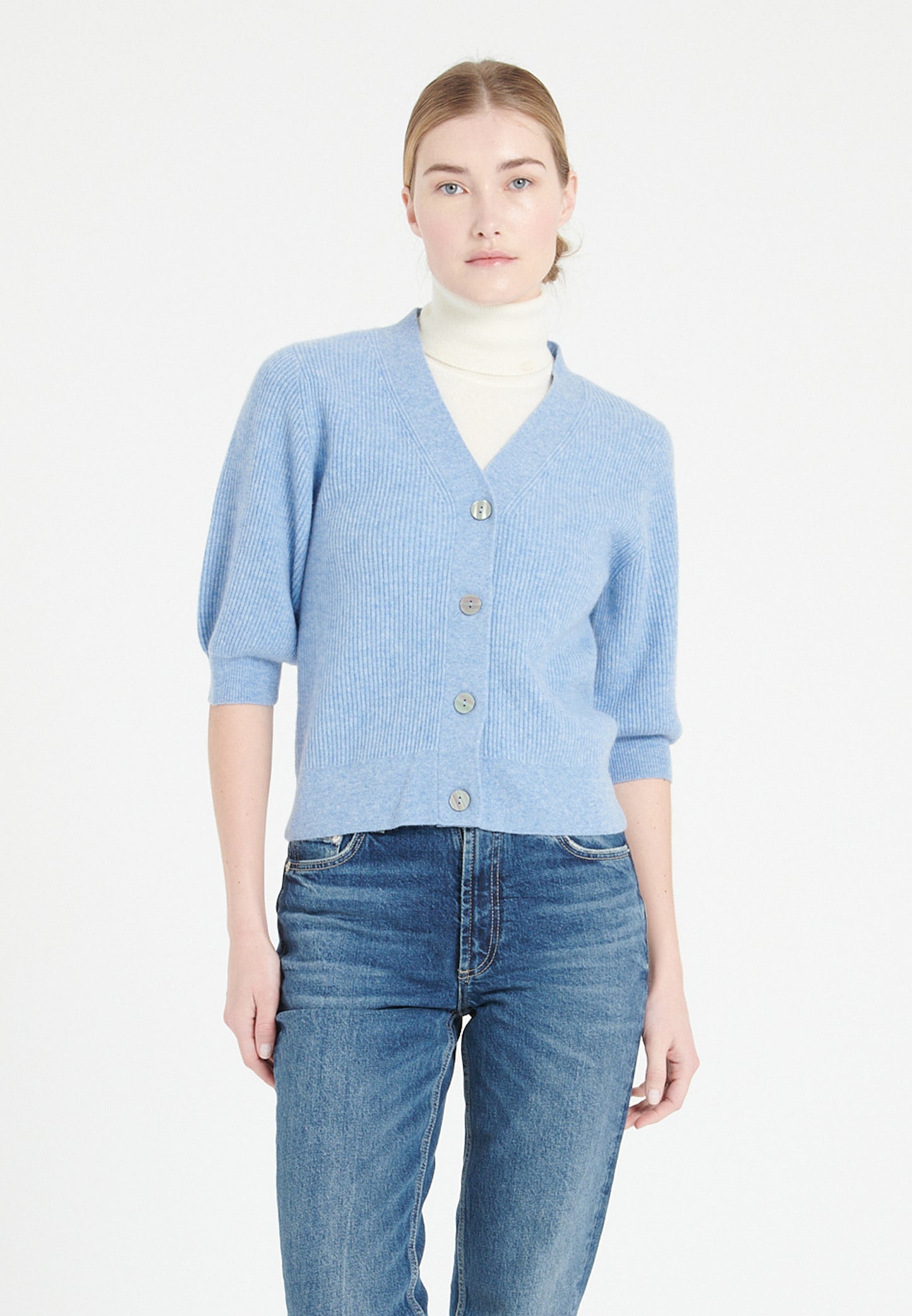 Women's sky blue cashmere V-neck cardigan - MIA 13