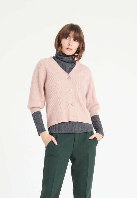 Women's powder pink cashmere V-neck cardigan - MIA 13