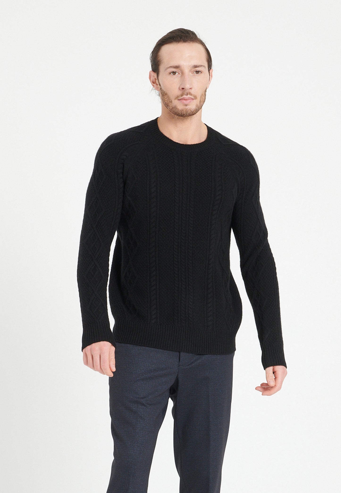 Men's 6-ply black cashmere crew neck sweater - ZACH 1