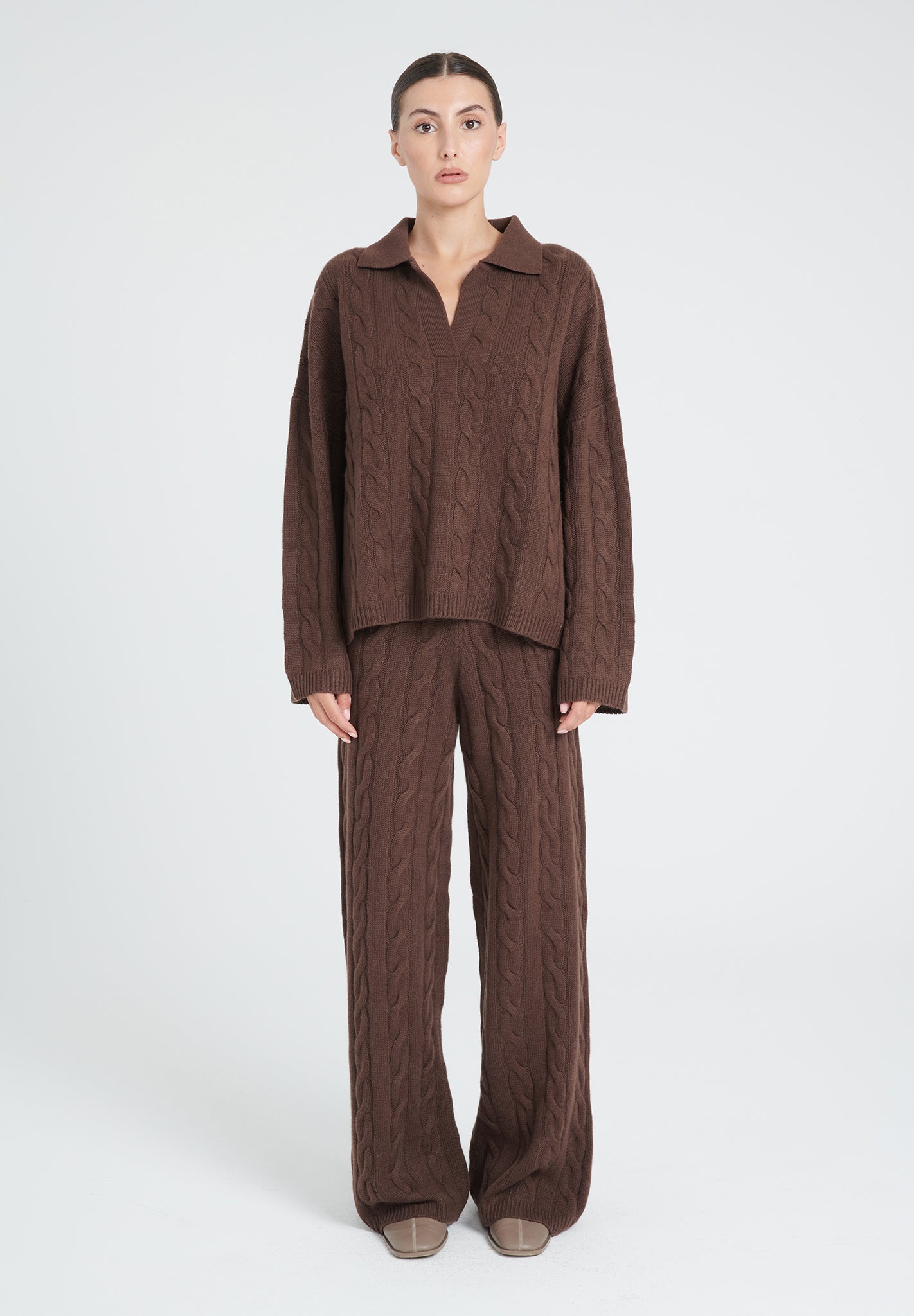 ZAYA 5 Brown 6-ply cashmere cable-knit polo shirt