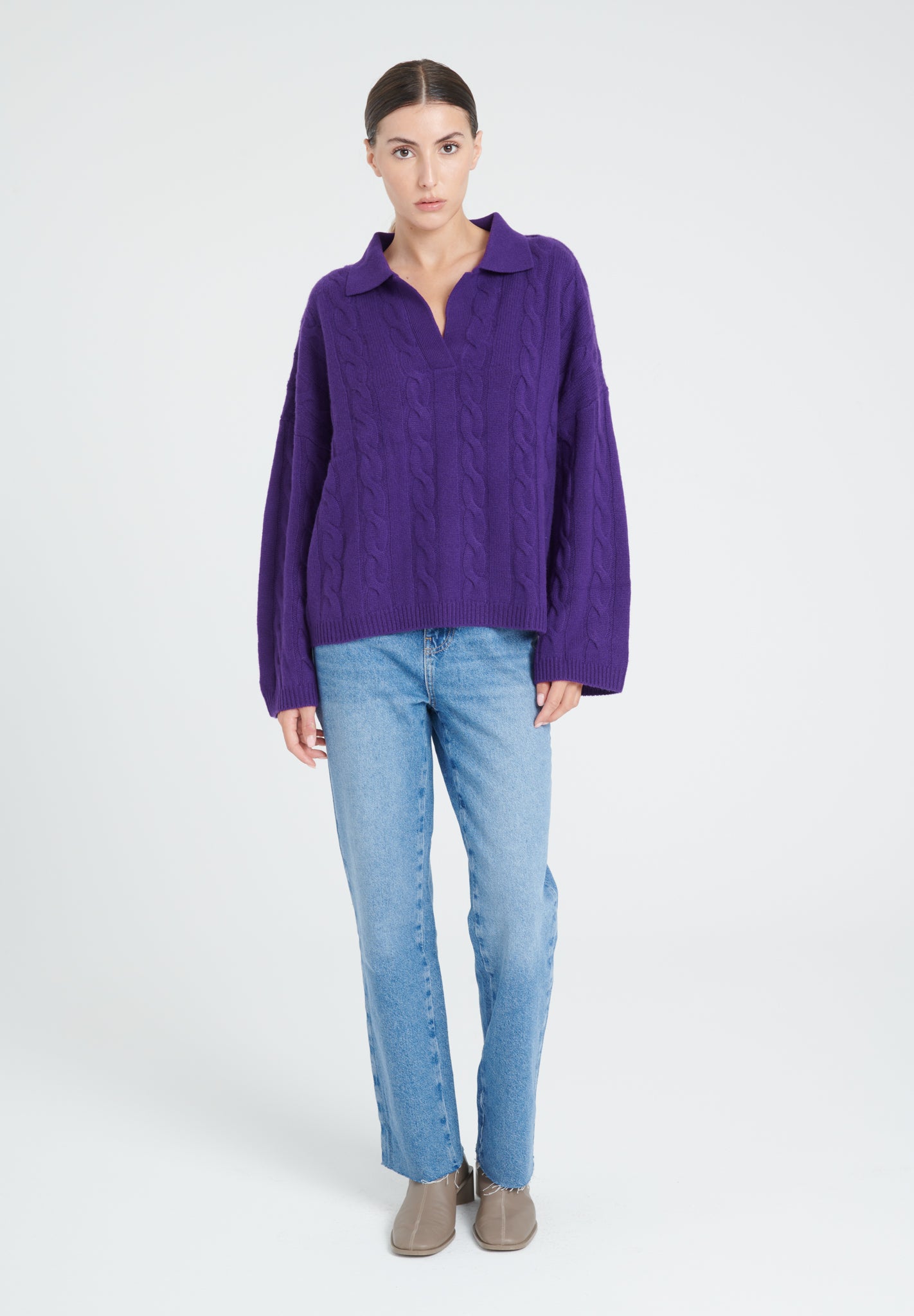 ZAYA 5 Purple 6-ply cashmere cable knit polo shirt