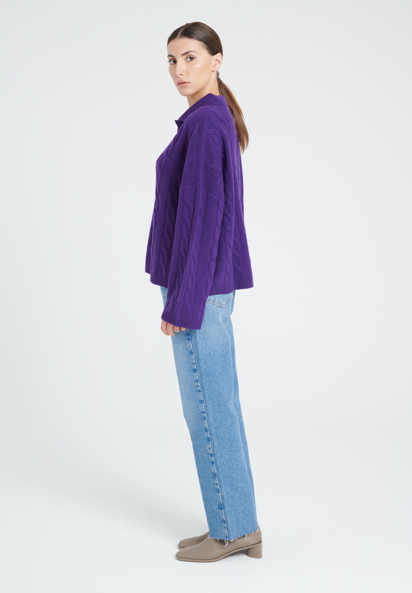 ZAYA 5 Purple 6-ply cashmere cable knit polo shirt