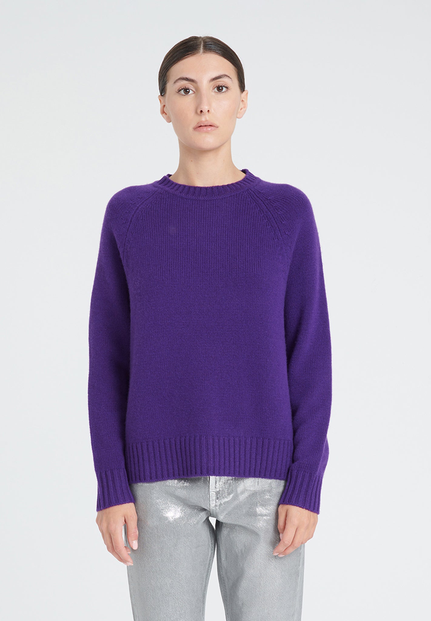 ZAYA 7 Round neck sweater with raglan sleeves in purple 6-thread cashmere