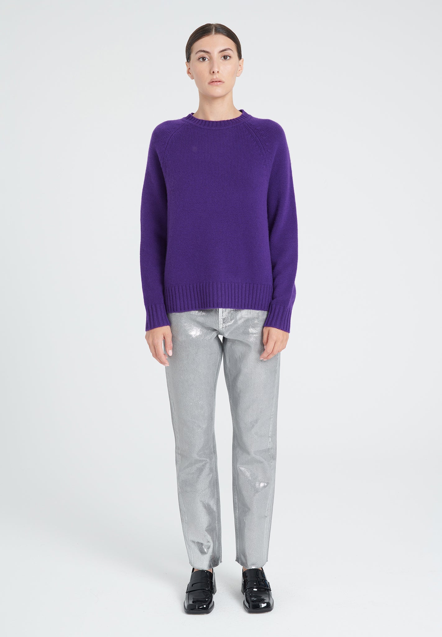 ZAYA 7 Round neck sweater with raglan sleeves in purple 6-thread cashmere