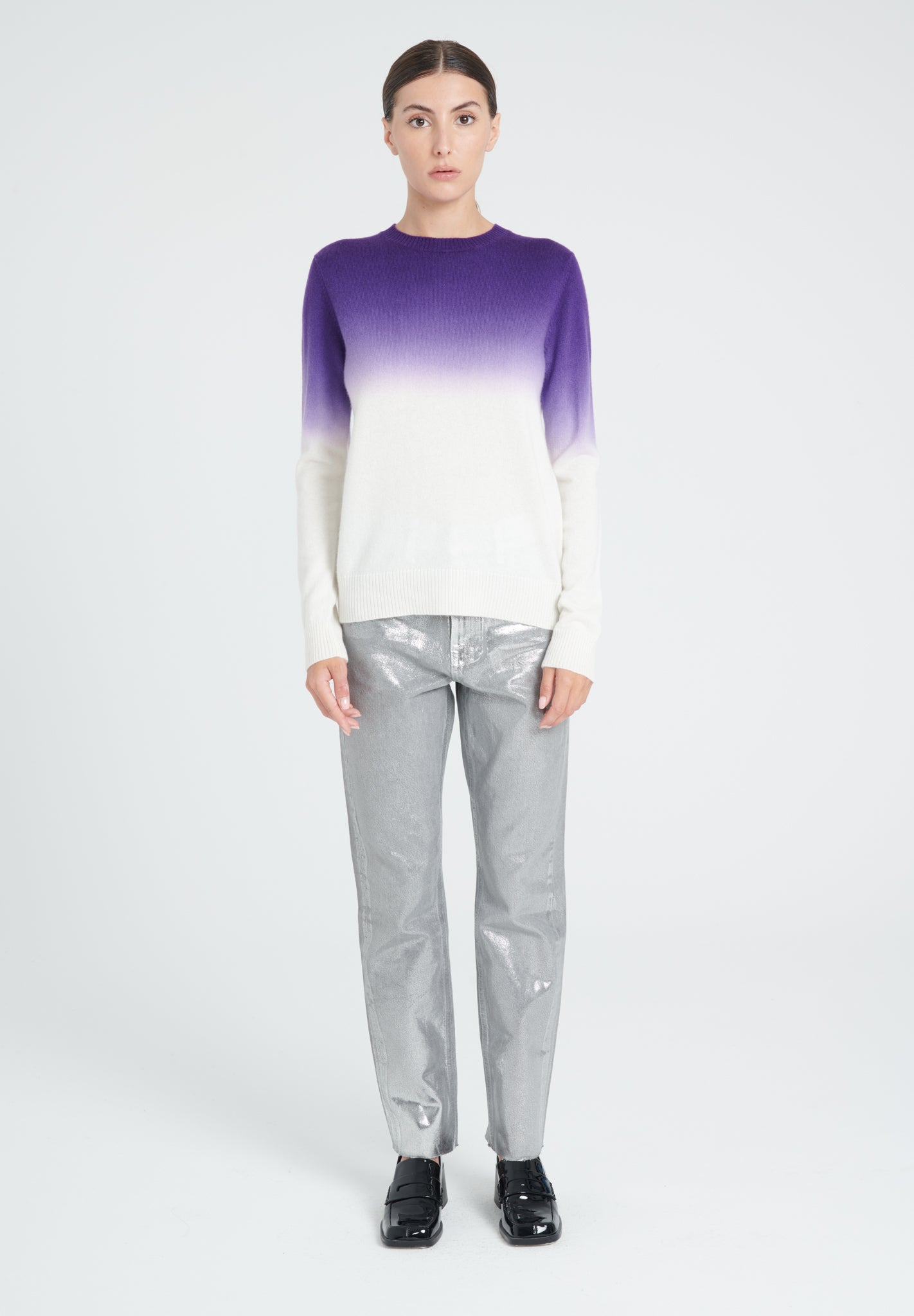 ZAYA 9 Round neck tye &amp; dye sweater in ecru and dark purple cashmere
