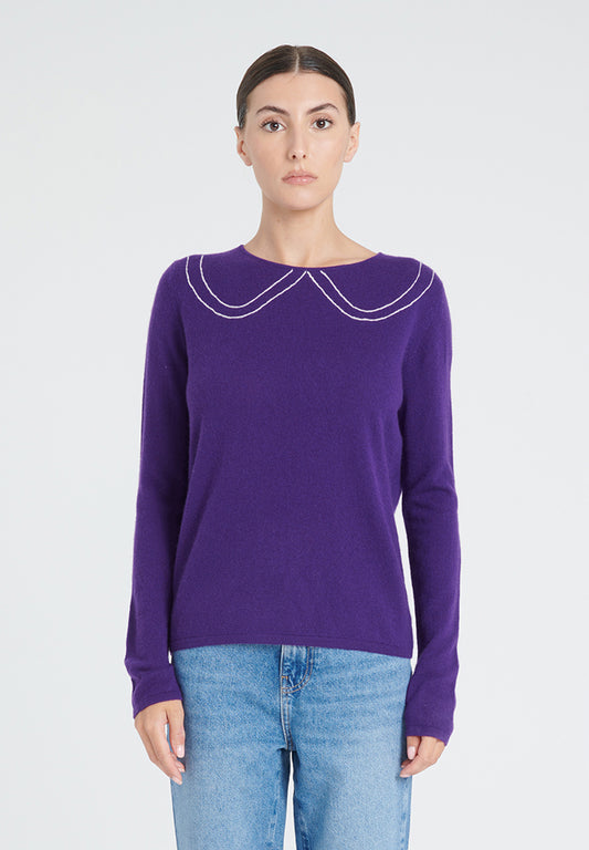 ZAYA 11 Dark purple cashmere intarsia Peter Pan collar sweater