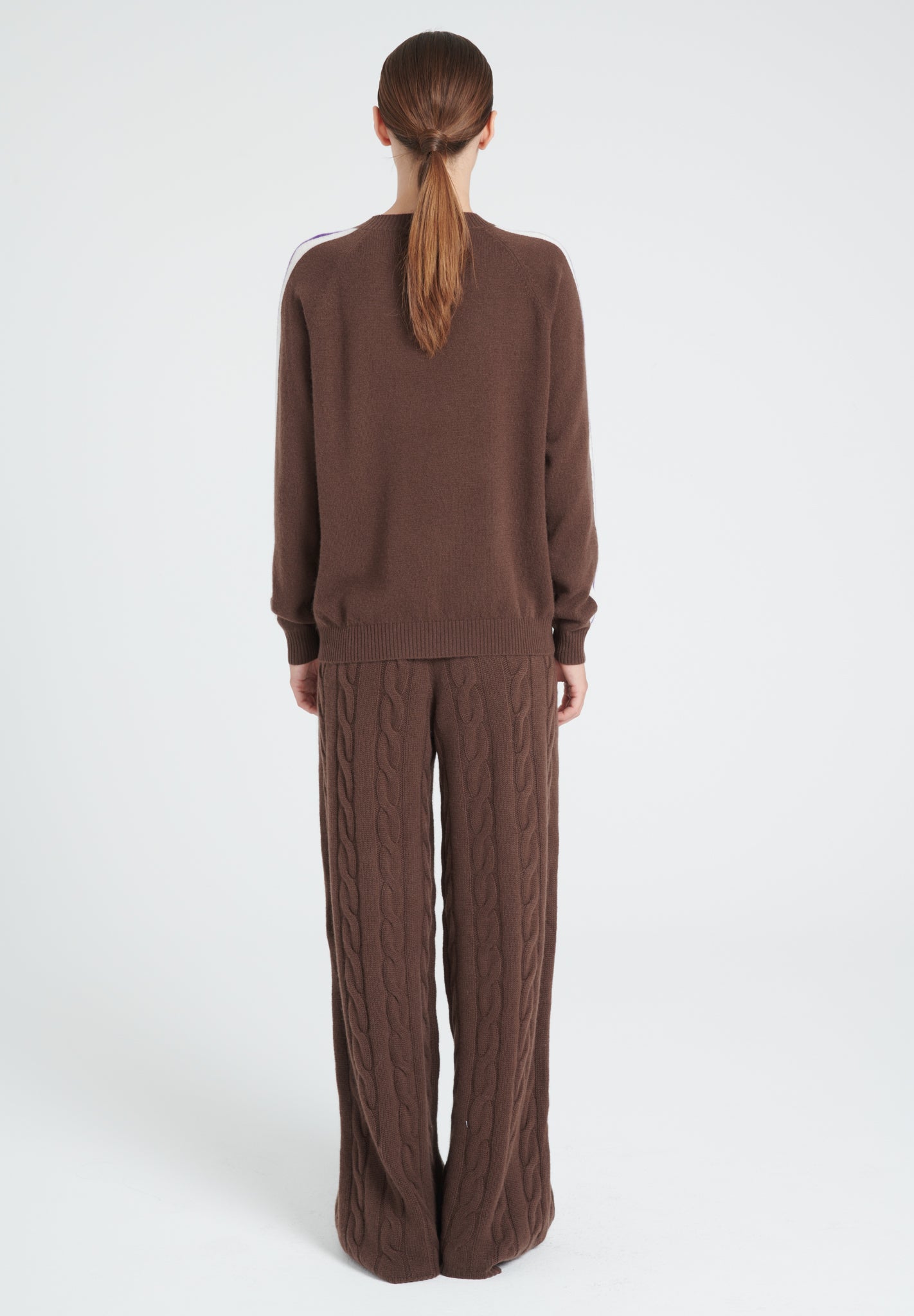 ZAYA 19 Round neck sweater with colored stripe on the sleeves in brown cashmere