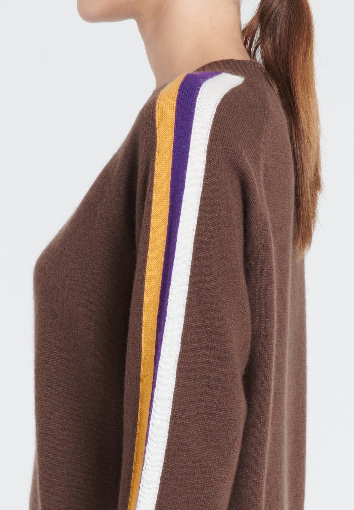 ZAYA 19 Round neck sweater with colored stripe on the sleeves in brown cashmere