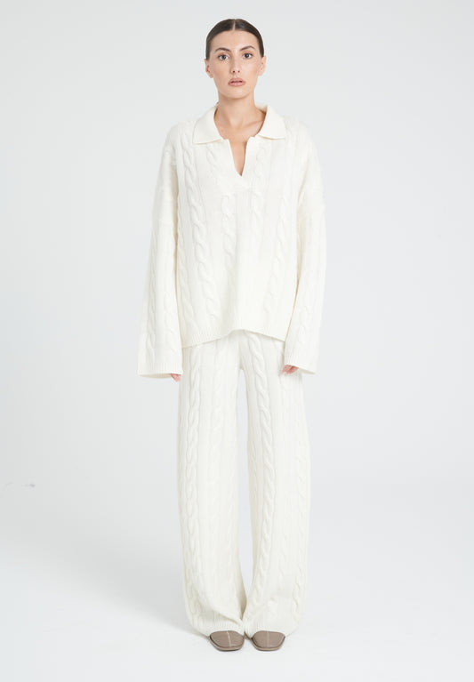 ZAYA 5 Cable-knit polo shirt in 6-thread cashmere, ecru white