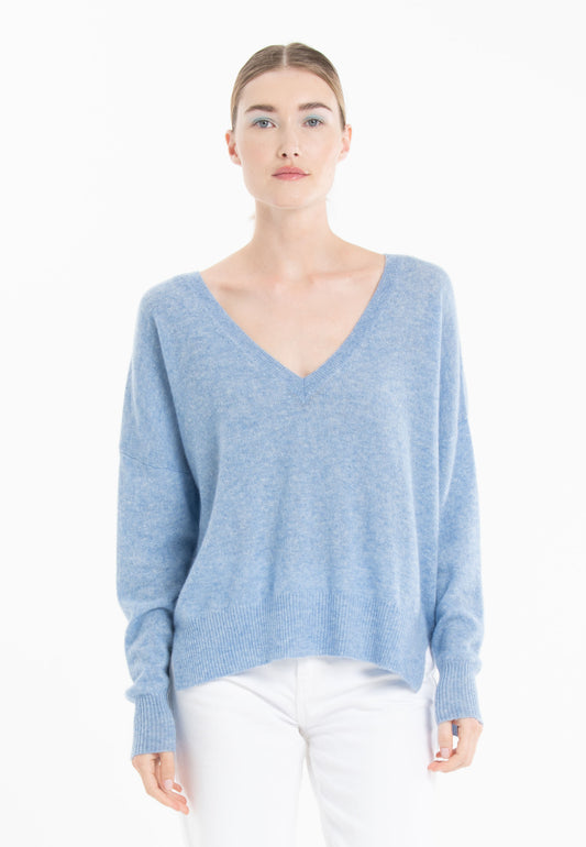 RIA 3 Pull col V profond oversize en cachemire bleu ciel